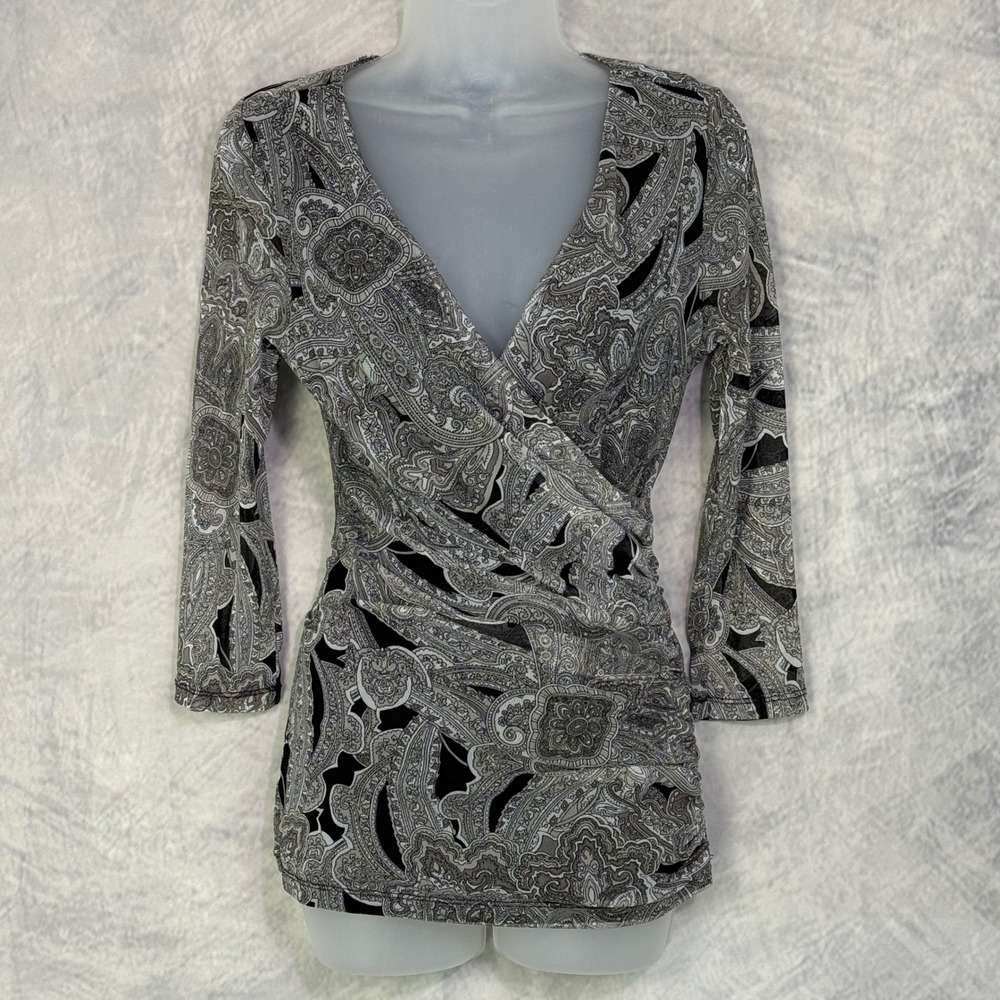 Y2k INC Paisley Mesh Surplice Top Womens Sz M Fairy Grunge Indie 2010s office